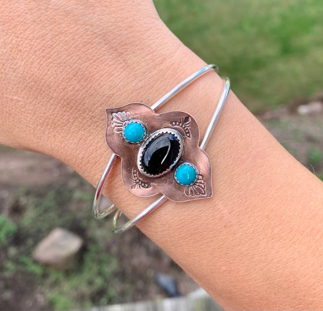 Mixed Metals Onyx and Turquoise Cuff- Moroccan Casablanca Collection